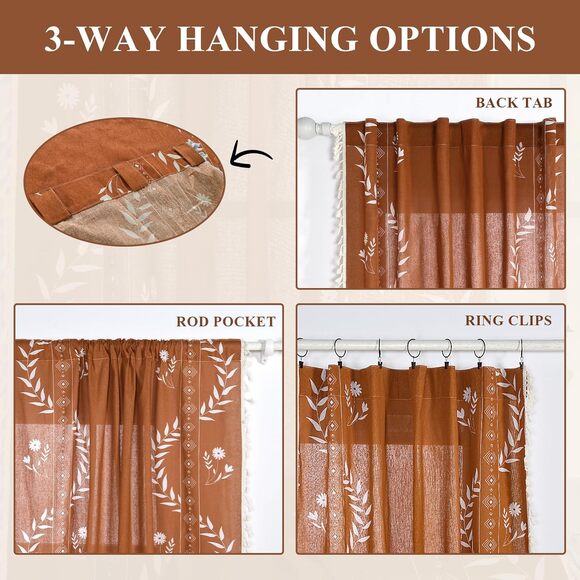 Burnt Orange Boho Tassel Floral Curtains 84" Long Terracotta 2 Panels Linen Look - Picture 7 of 12
